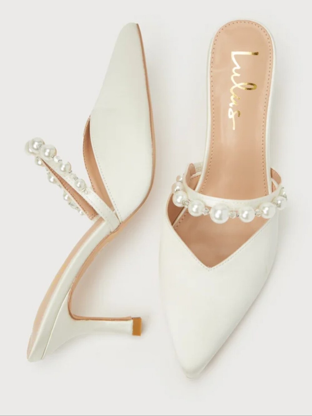 Lulu's Daryll white satin pearl embellished pointed toe mule pumps wedding - Picture 3 of 12